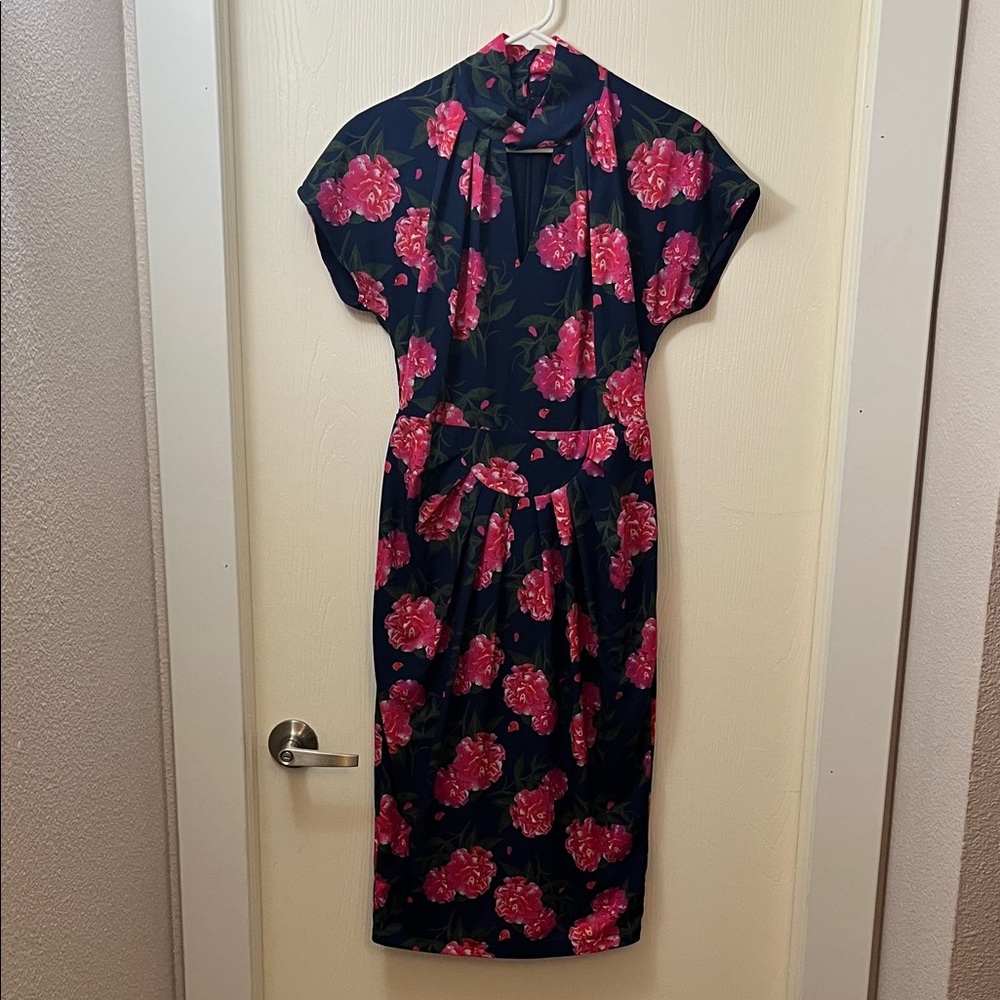 Lindy Bop Navy Dress with Pink Floral Design
